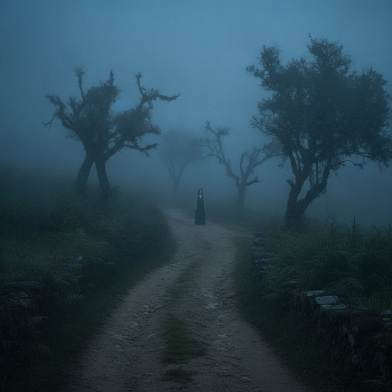 Camino rural andino en Colombia envuelto en niebla nocturna escenario de la leyenda de La Muelona