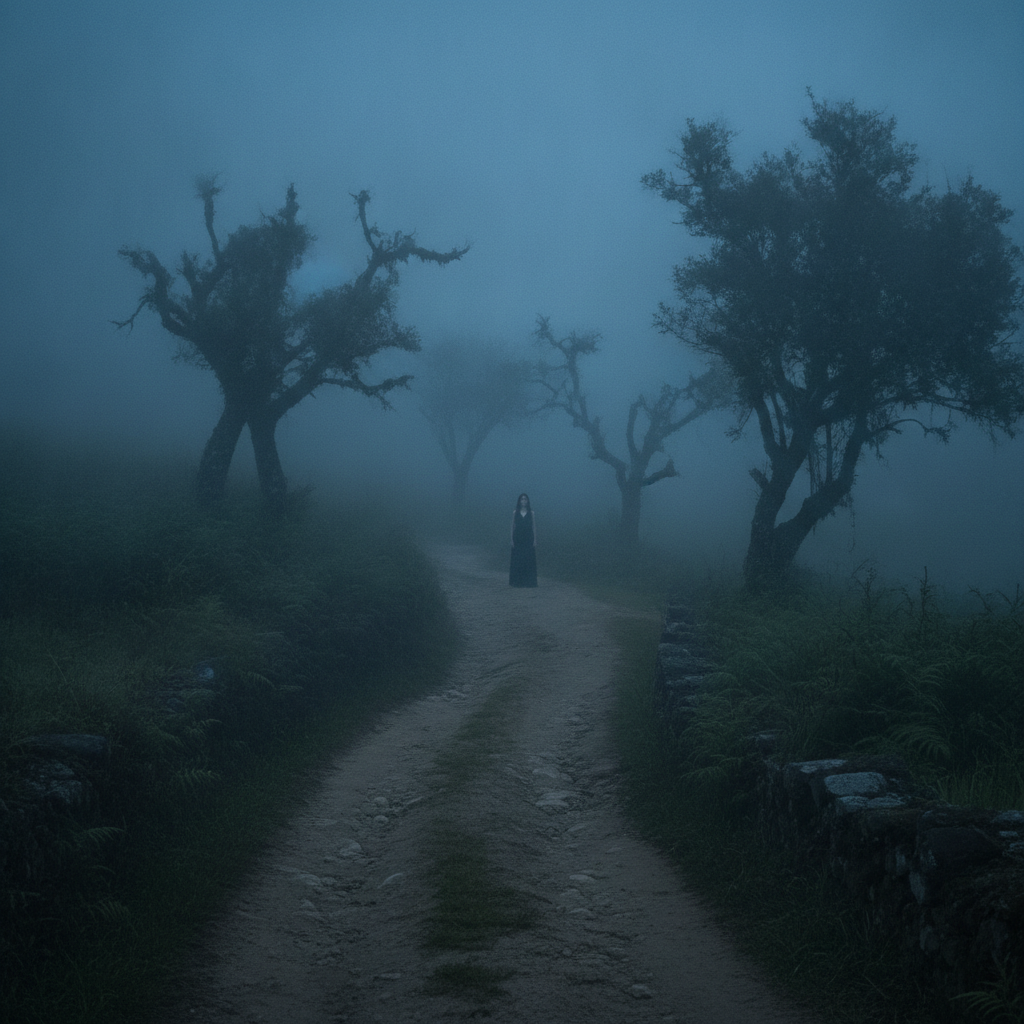 Camino rural andino en Colombia envuelto en niebla nocturna escenario de la leyenda de La Muelona