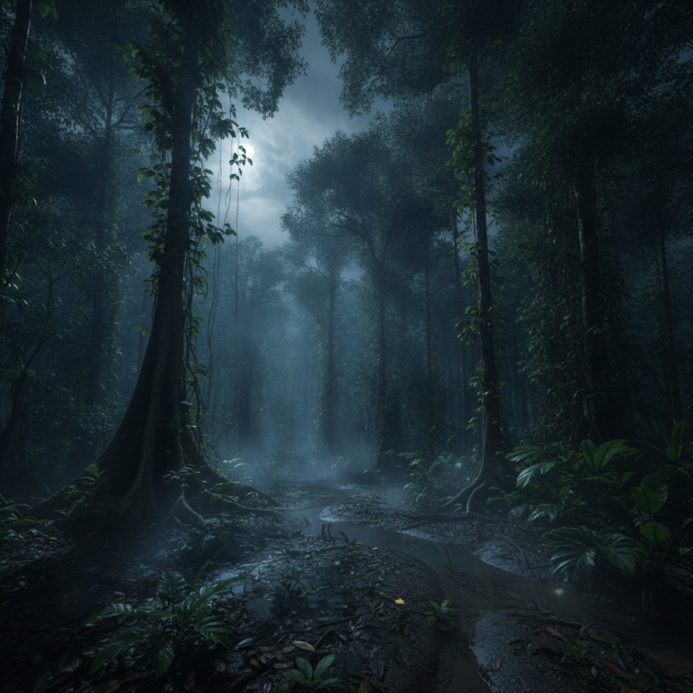 Bosque denso de la Amazonía peruana envuelto en niebla nocturna donde transcurre la leyenda del Tunche