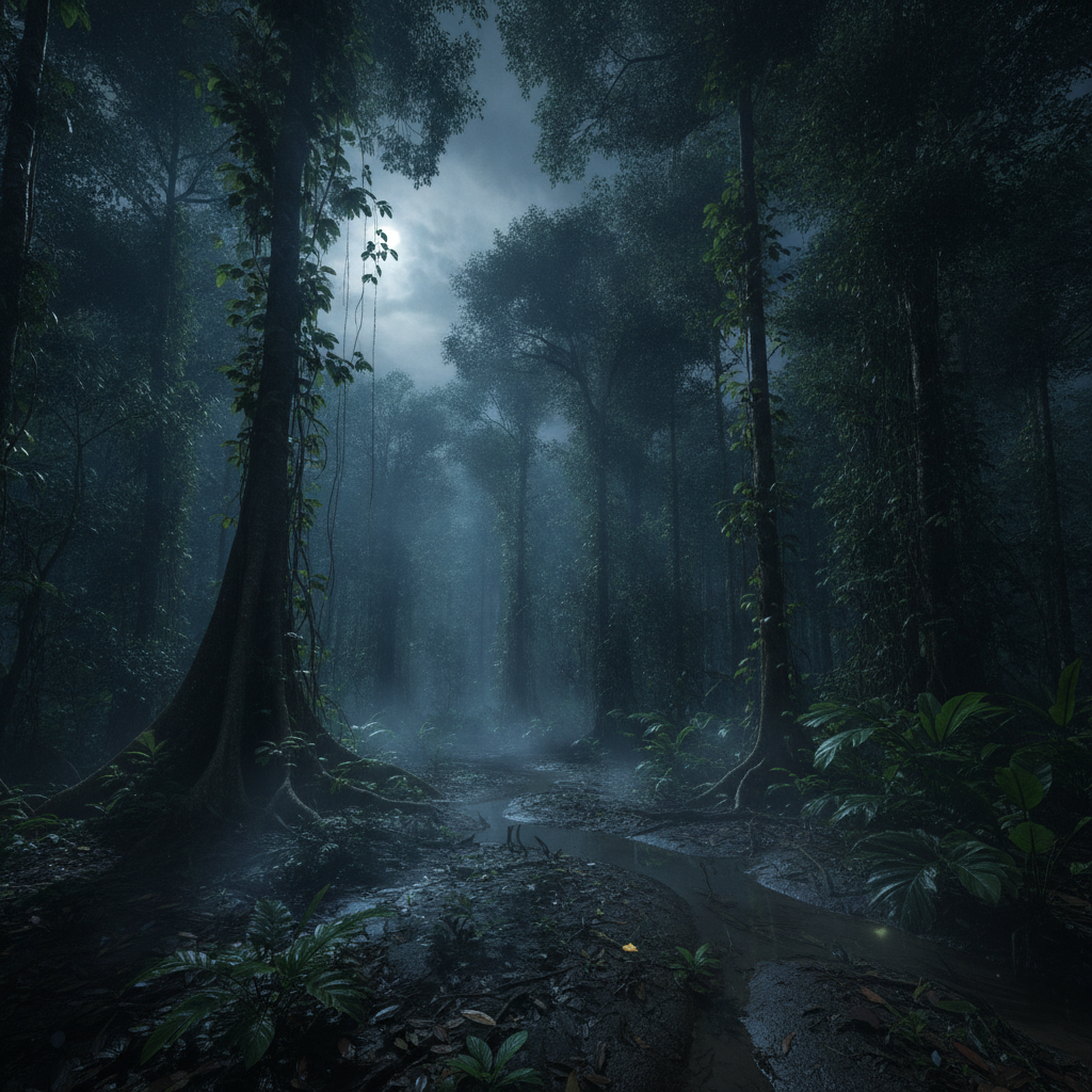 Bosque denso de la Amazonía peruana envuelto en niebla nocturna donde transcurre la leyenda del Tunche