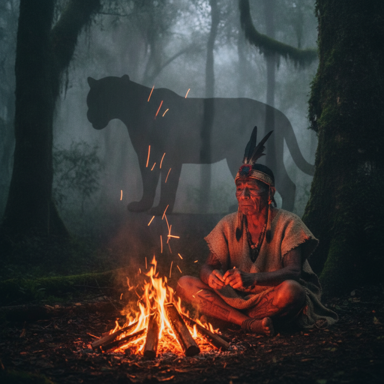 Ilustración documental de un chamán nahualli mesoamericano junto a la proyección sombría de su animal totémico en el monte.