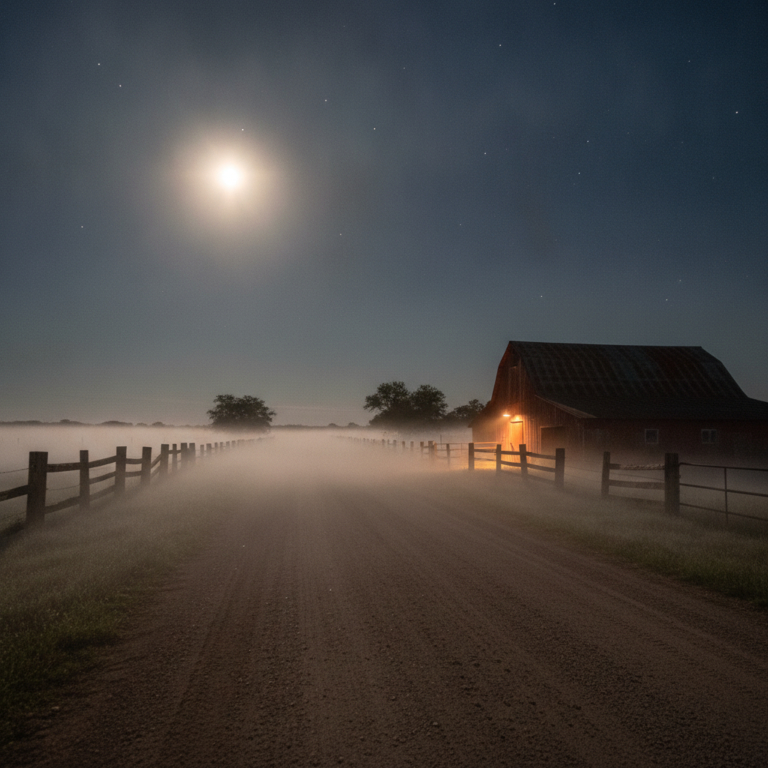 Paisaje nocturno de una granja rural iluminada por la luna donde se originó el mito del Chupacabras.