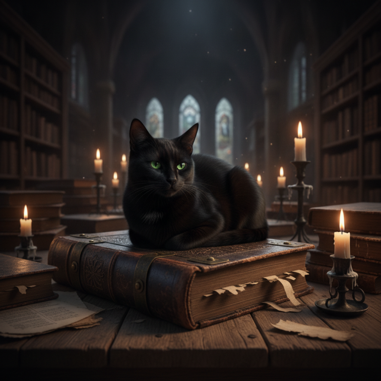 Gato negro sobre un antiguo libro medieval ilustrando el origen de la mala suerte en Halloween