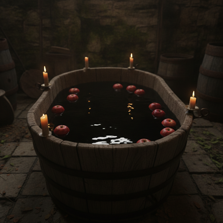 Cubo de madera antiguo con agua y manzanas flotantes iluminado por velas para el ritual tradicional de Halloween