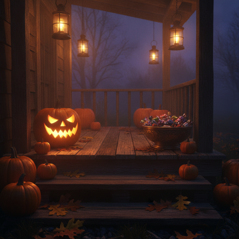 Cuenco de dulces de Halloween en la puerta de entrada con calabazas encendidas al atardecer.