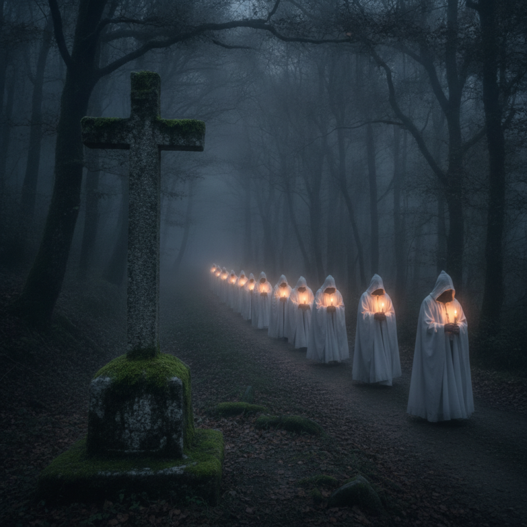 Procesión fantasmal de la Santa Compaña avanzando por un bosque gallego cubierto de niebla junto a un cruceiro de piedra.