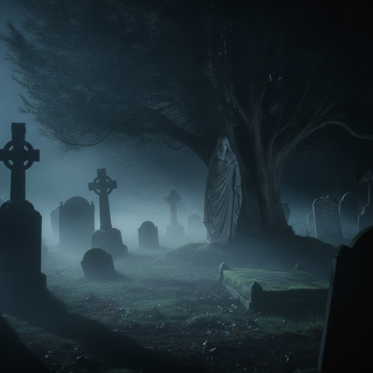 Ilustración de la Banshee entre cruces celtas y niebla nocturna en el folclore irlandés
