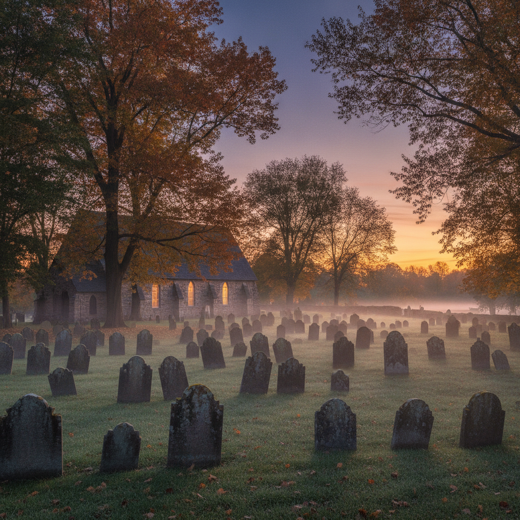 Cementerio de la Iglesia Vieja Holandesa en Sleepy Hollow durante el atardecer de otoño