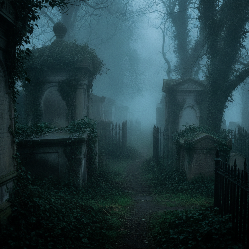 Mausoleos victorianos cubiertos de hiedra en el cementerio de Highgate durante una mañana con niebla en Londres