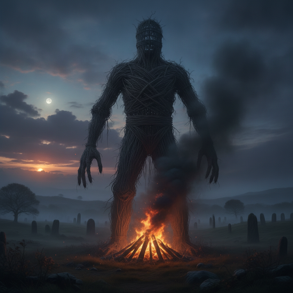 Efigie gigante del hombre de mimbre celta sobre una colina al atardecer durante el ritual de Samhain