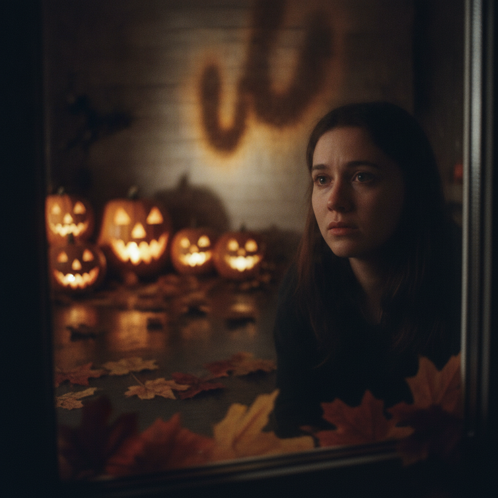 Persona mirando con aprensión las luces y sombras de Halloween desde una ventana