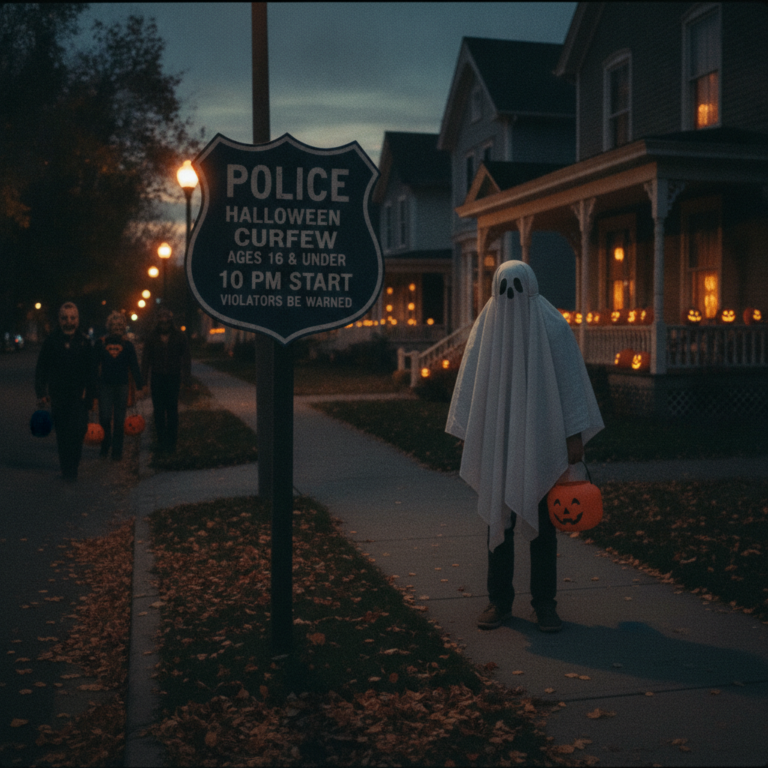 Adolescente disfrazado en una calle decorada de Halloween cerca de una señal municipal en Estados Unidos
