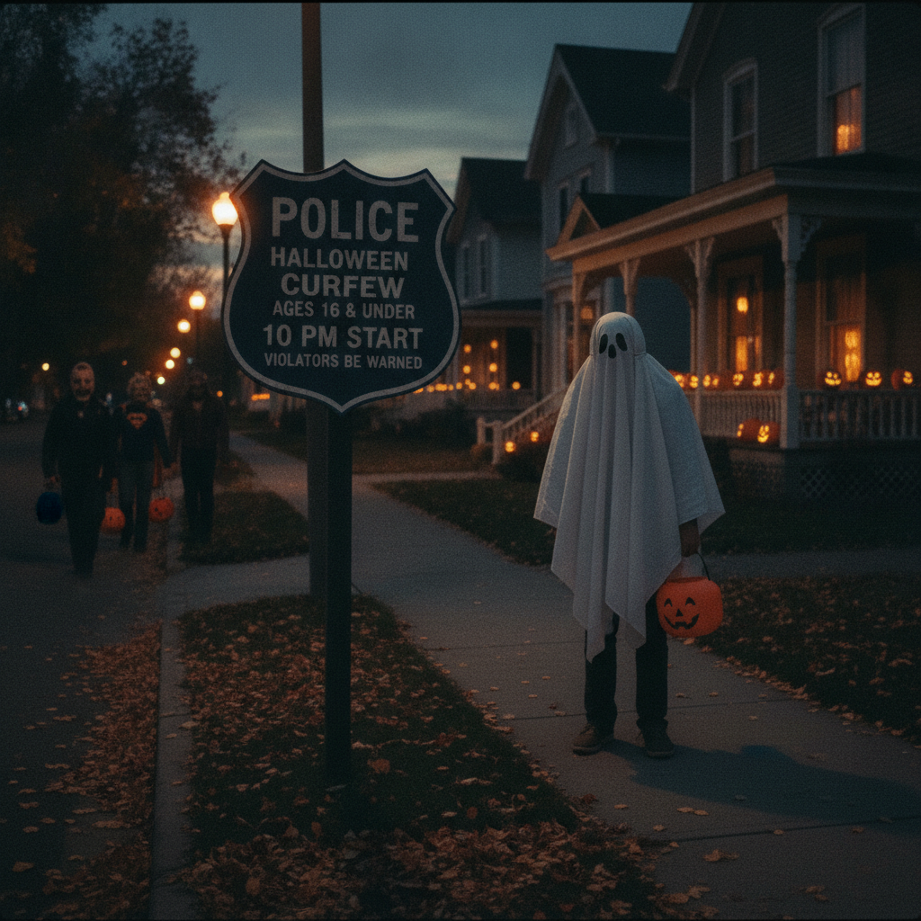 Adolescente disfrazado en una calle decorada de Halloween cerca de una señal municipal en Estados Unidos