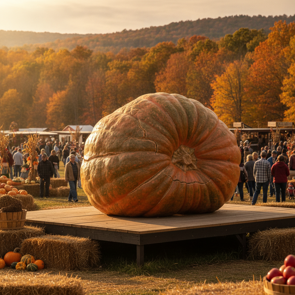 La calabaza gigante récord Guinness expuesta en una feria de otoño