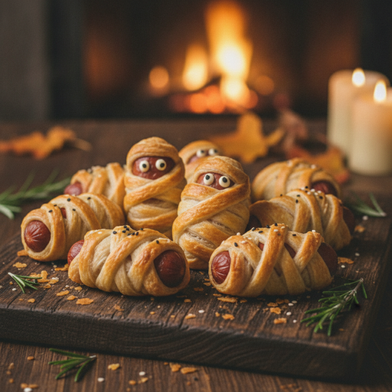 Momias de salchicha con hojaldre recién horneadas para Halloween sobre una tabla de madera