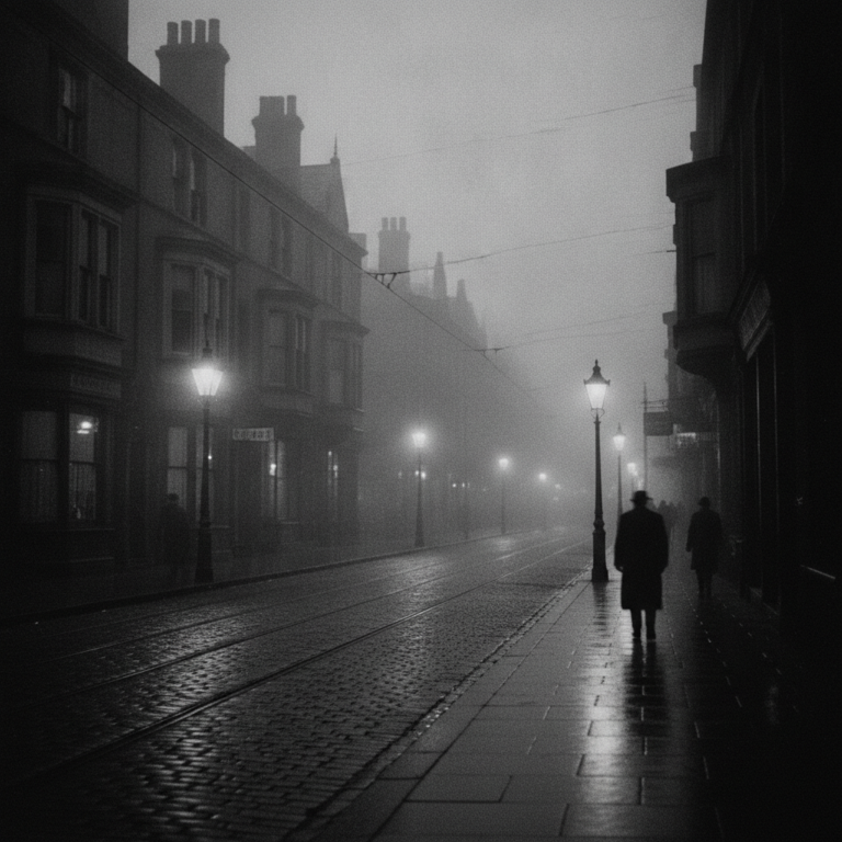 Callejón nublado y empedrado en Halifax durante la época del pánico del acuchillador en 1938