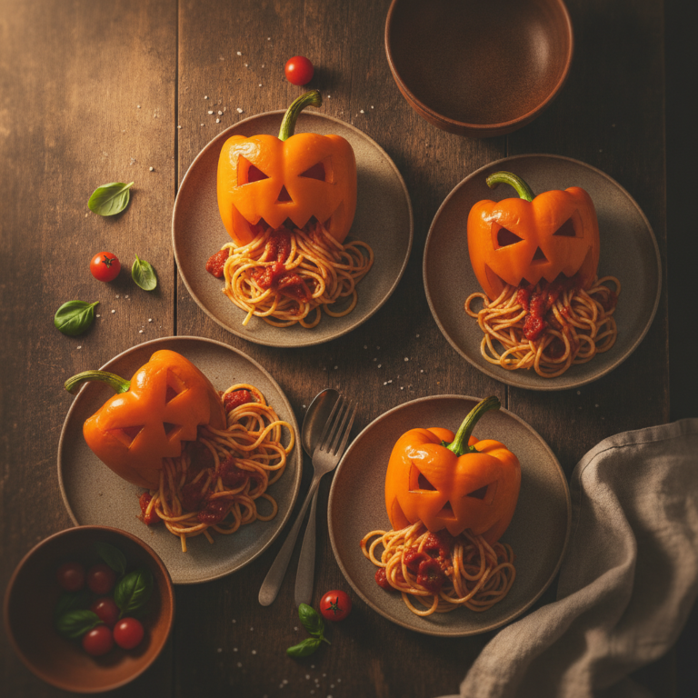 Pimientos rellenos con cara de calabaza y espaguetis monstruosos servidos en una mesa rustica de Halloween
