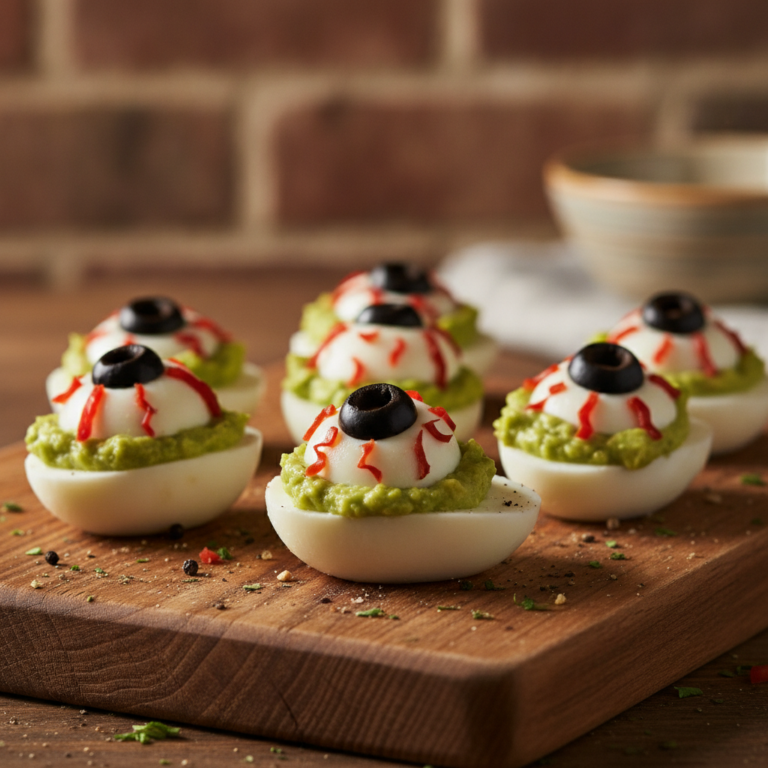 Huevos rellenos con ojos de guacamole para Halloween decorados como ojos sangrientos sobre tabla de madera