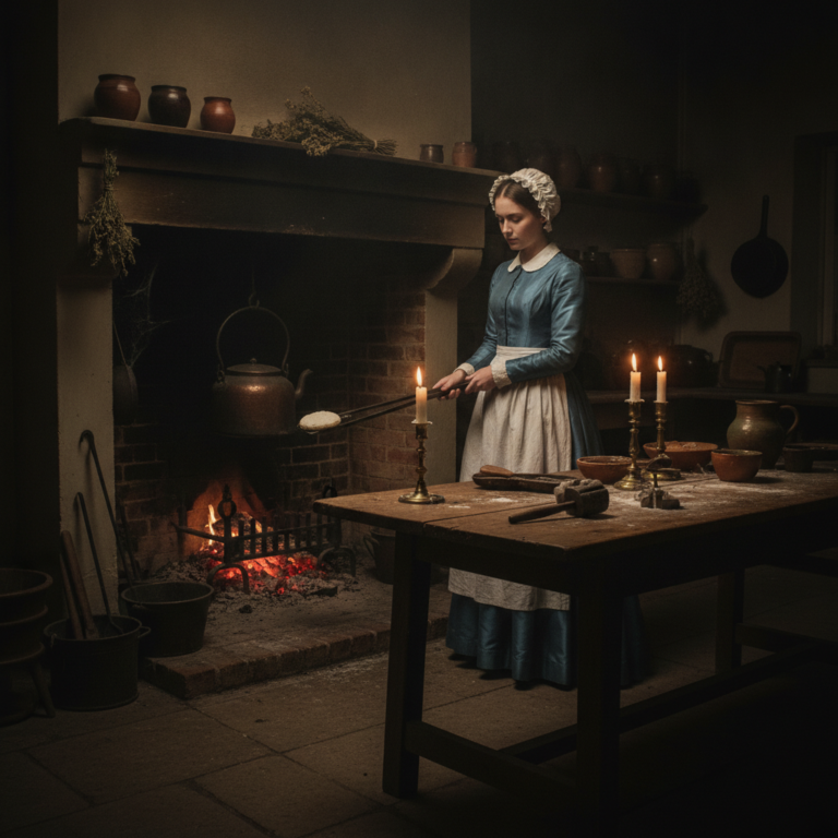 Joven victoriana realizando el ritual del pastel mudo frente a una chimenea en la víspera de Todos los Santos.