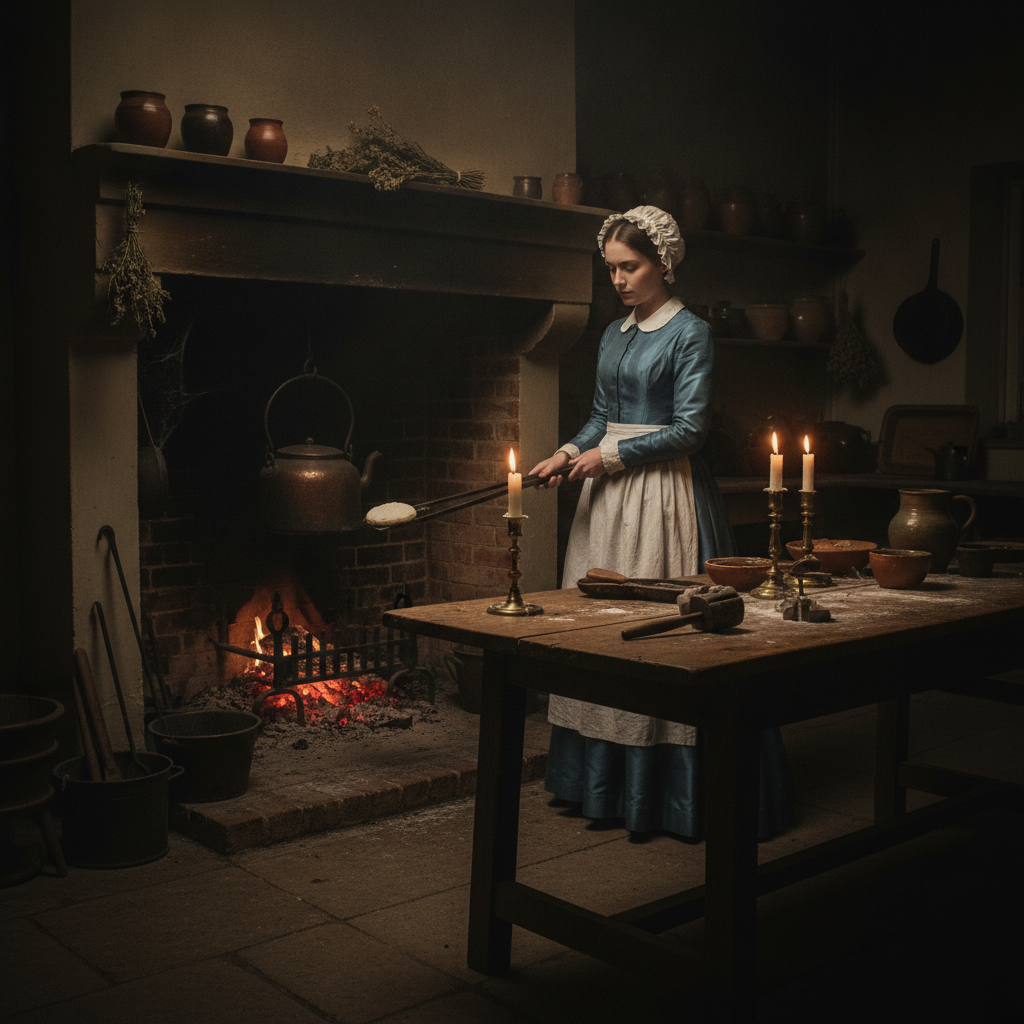 Joven victoriana realizando el ritual del pastel mudo frente a una chimenea en la víspera de Todos los Santos.