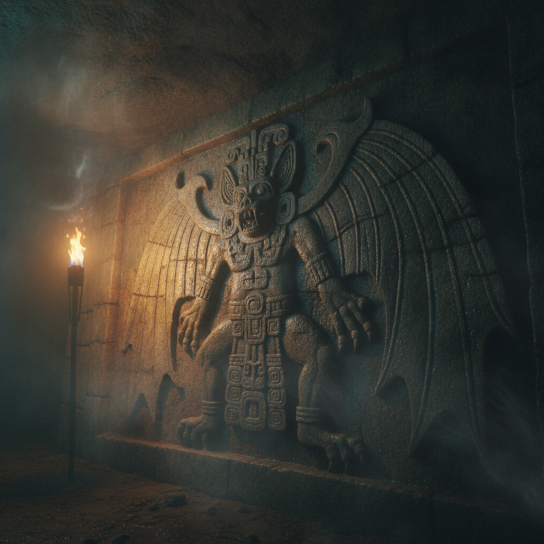 Relieve en piedra del dios murciélago Camazotz en una cueva maya de México