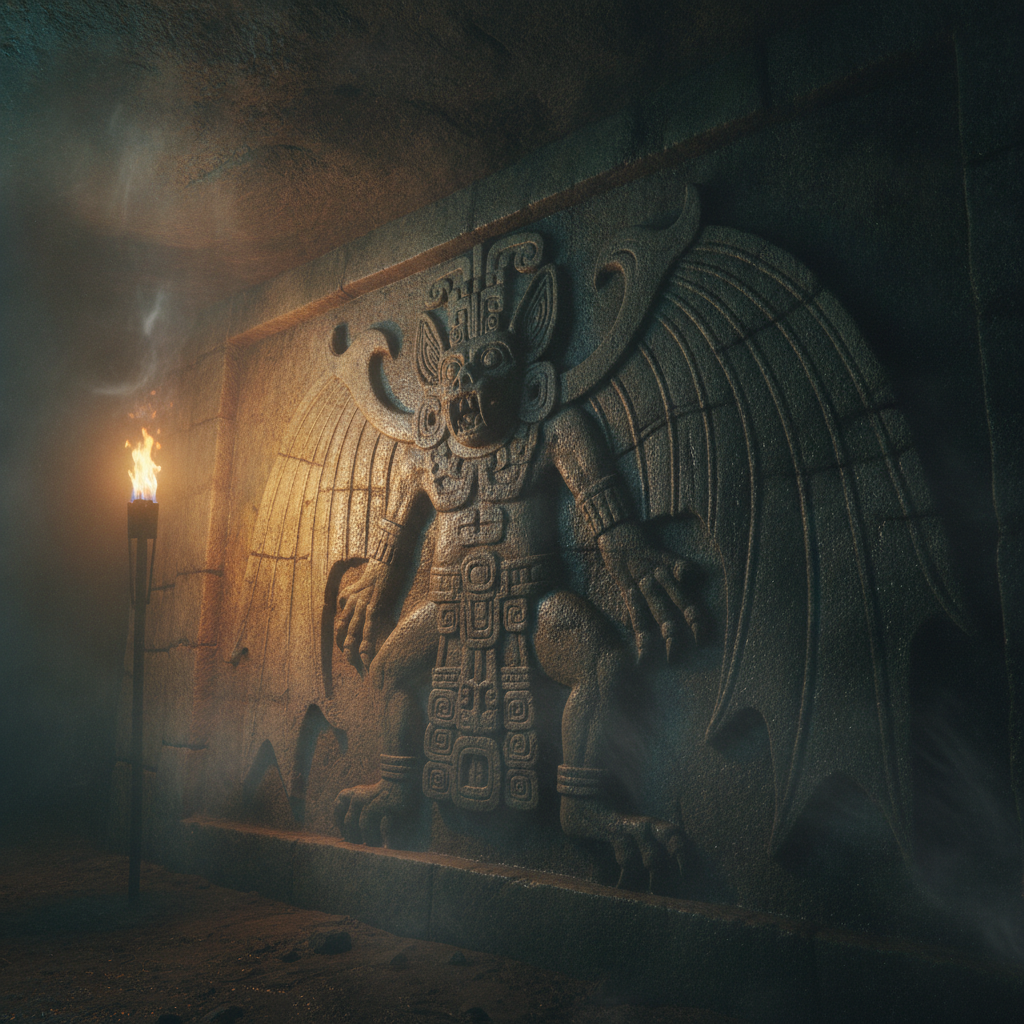 Relieve en piedra del dios murciélago Camazotz en una cueva maya de México
