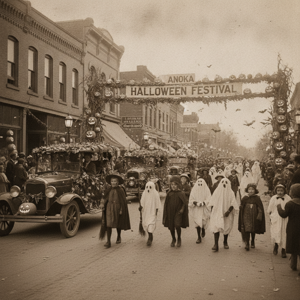 Fotografía de época representando el primer desfile de Halloween en Anoka Minnesota en 1920.
