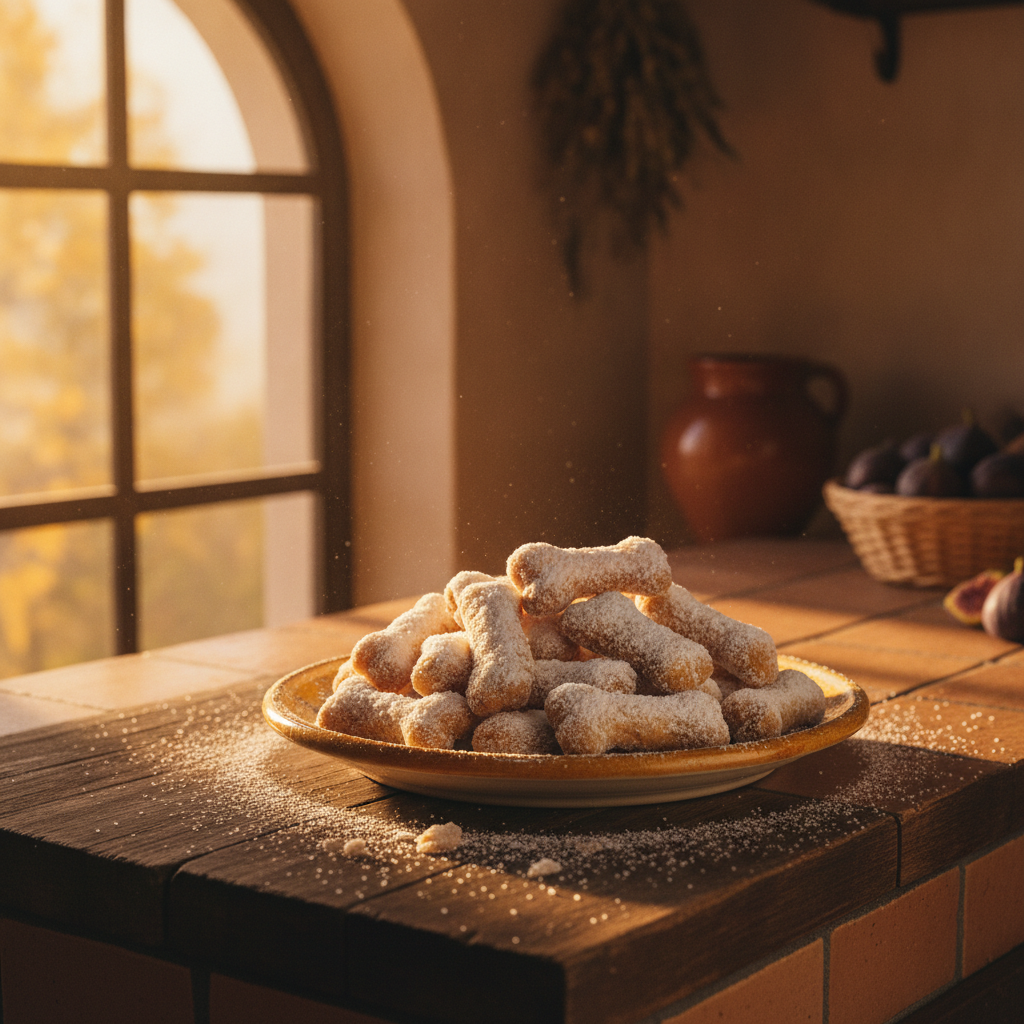 Huesos de santo caseros de mazapán y crema de yema preparados sobre un paño de cocina