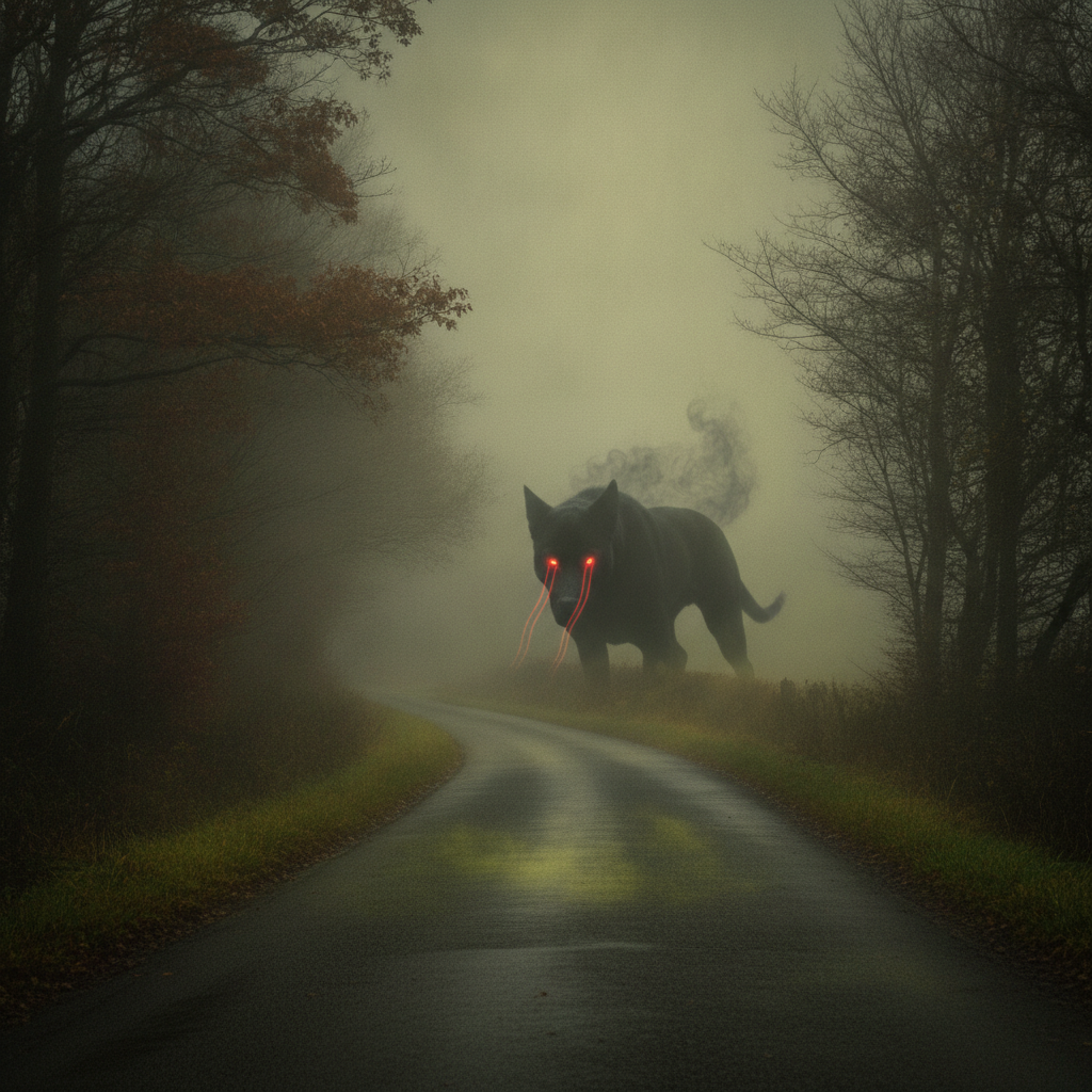 Silueta espectral del Gwyllgi el perro negro de Gales entre la niebla nocturna de Monmouthshire