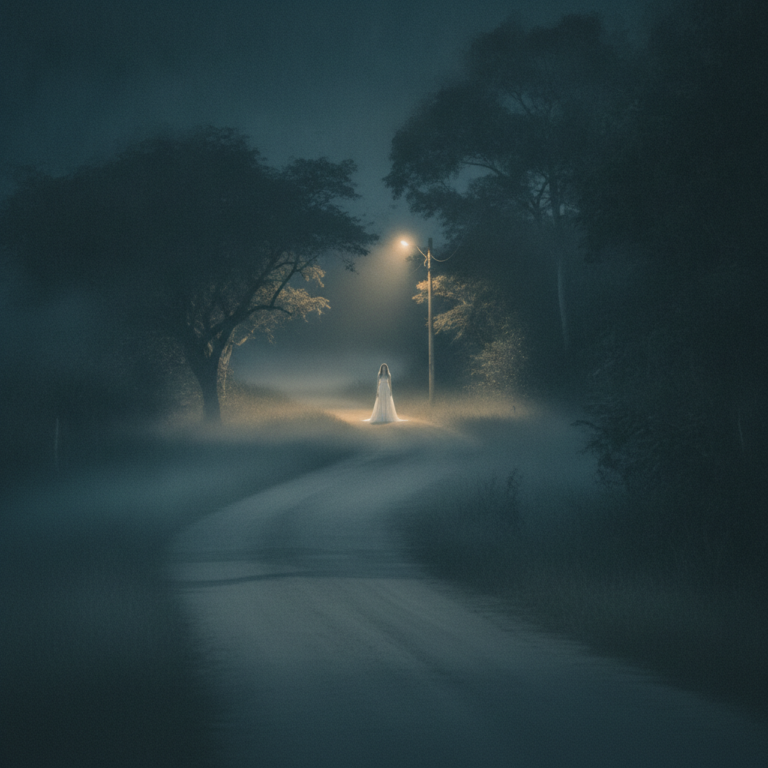 La Sayona vestida de blanco en un camino nocturno solitario