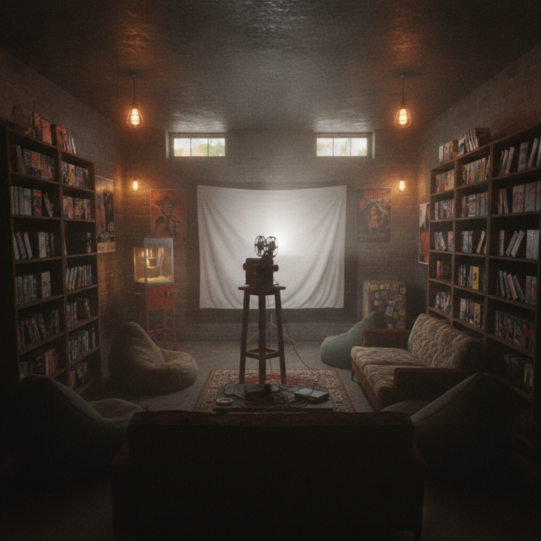 Proyector de cine antiguo proyectando una película de terror en una sala oscura