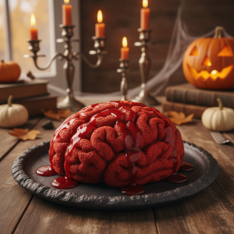 Tarta de cerebro para Halloween con sirope de fresa sangriento sobre plato negro