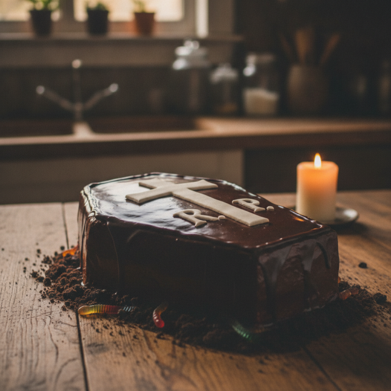 Tarta de ataúd para Halloween elaborada con bizcocho casero, cobertura de chocolate negro y decoración de fondant blanco
