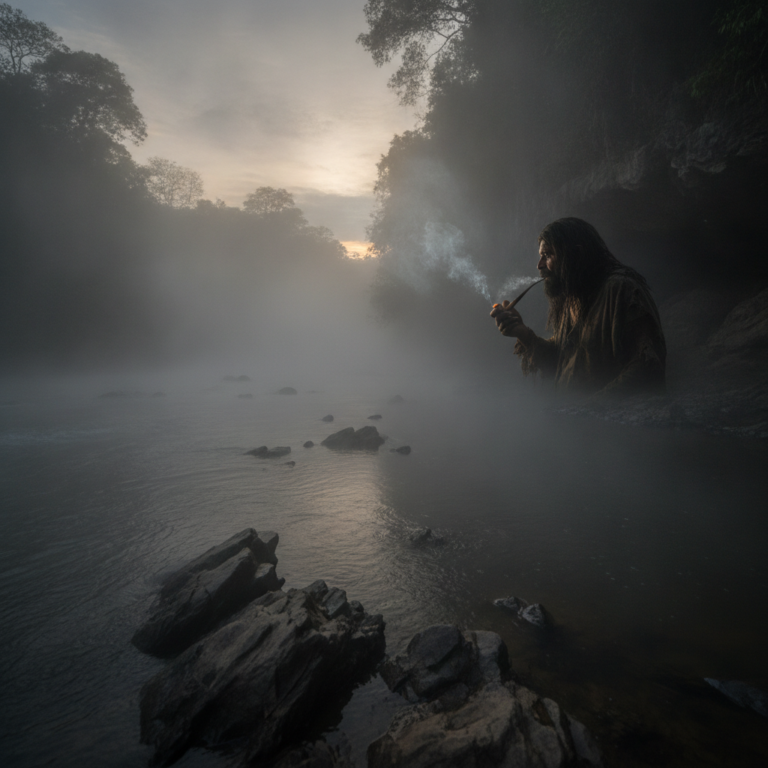 Ilustración atmosférica del Mohán fumando tabaco en las rocas del río Magdalena