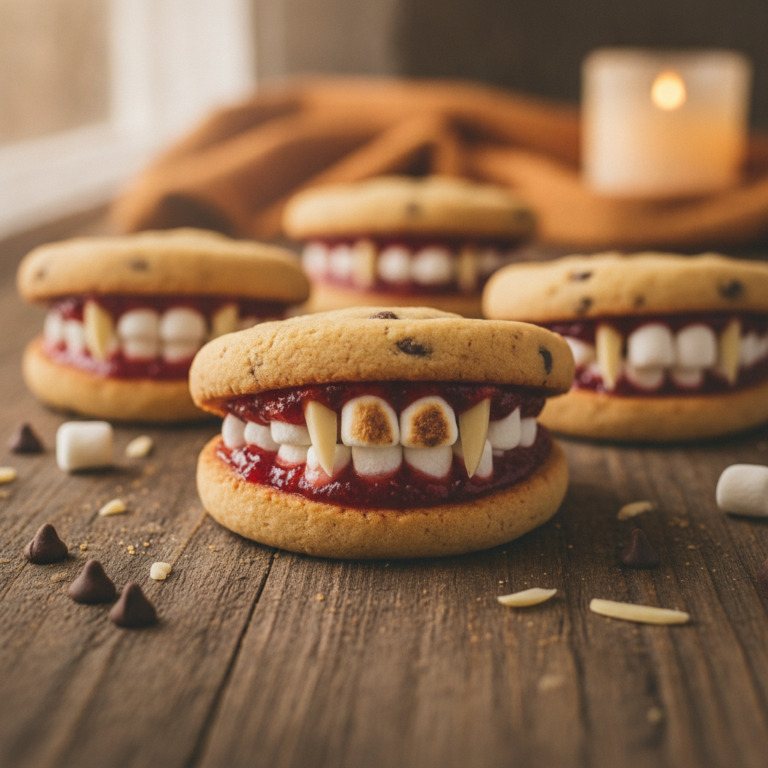 Galletas de vampiro decoradas con mermelada de fresa, dientes de nubes y colmillos de almendra sobre mesa de madera