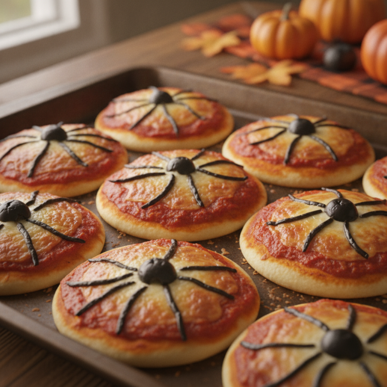 Pizzas de araña decoradas con aceitunas negras sobre queso mozzarella fundido para Halloween