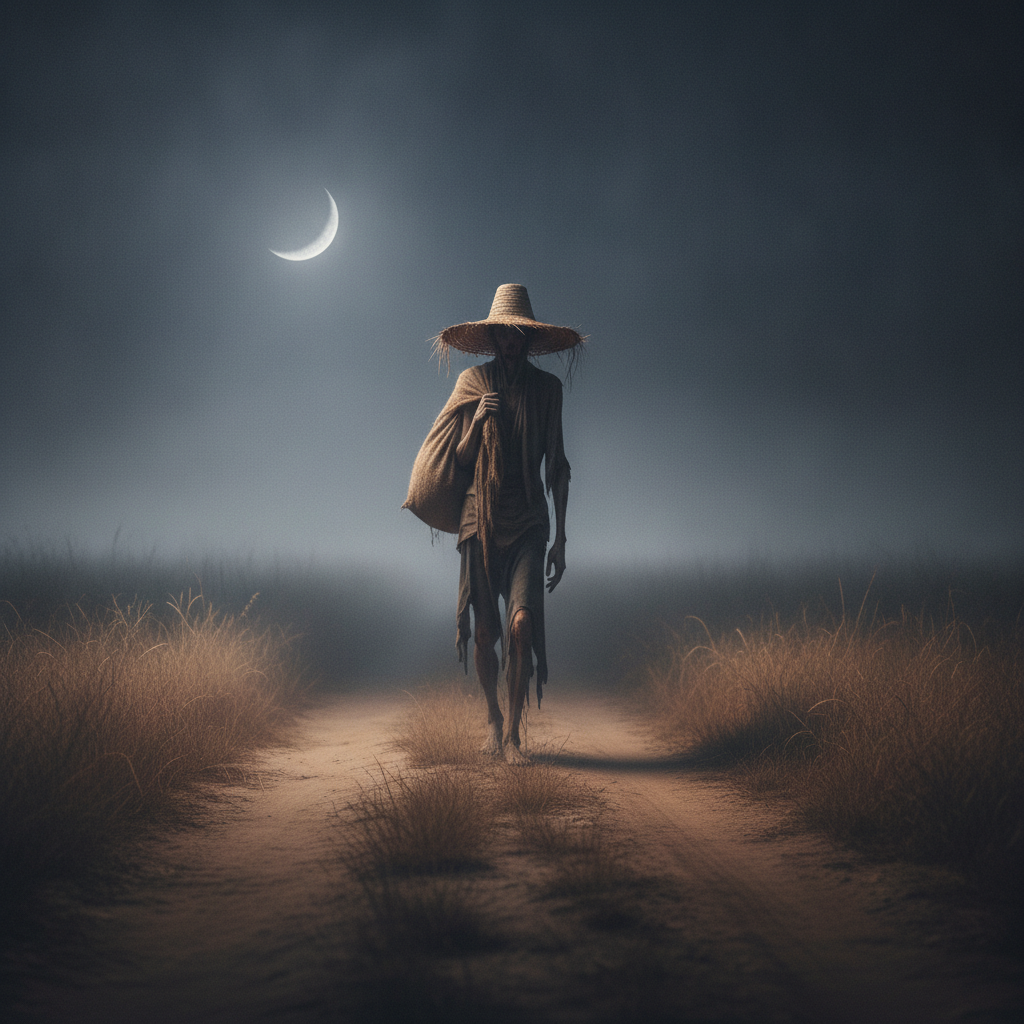 La figura fantasmagórica del Silbón caminando de noche por un camino de tierra en los Llanos cargando su saco al hombro.