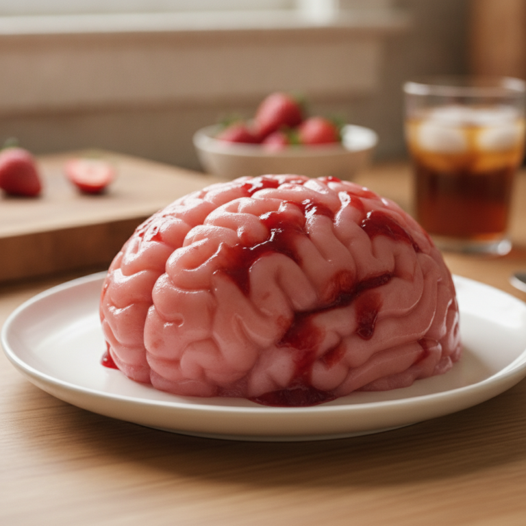 Gelatina de cerebro para Halloween preparada con queso crema y mermelada de fresa sobre un plato blanco
