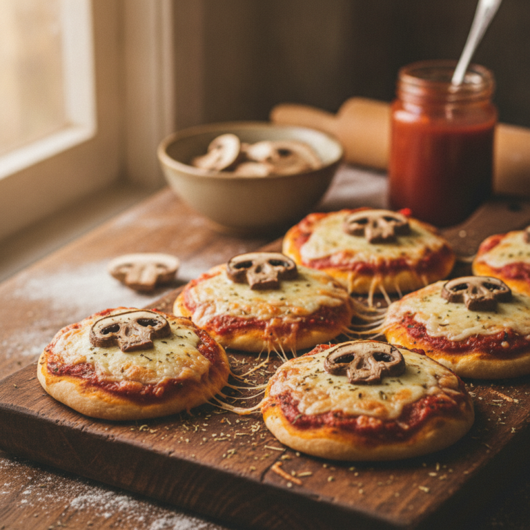 Pizzas de calavera para Halloween decoradas con champiñones tallados caseros recién horneadas