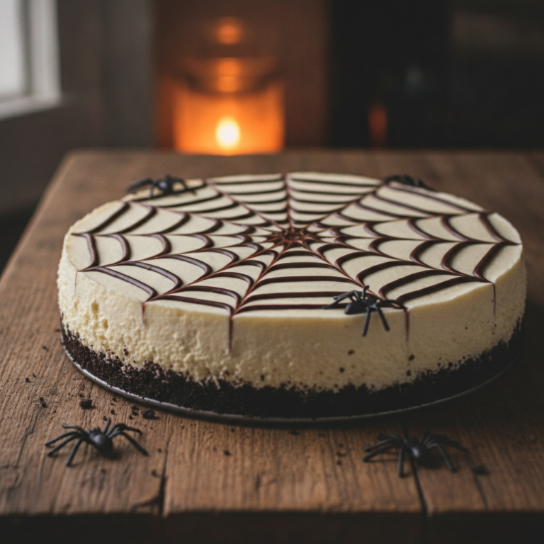 Tarta de Halloween sin horno decorada con una telaraña de chocolate sobre mesa de madera