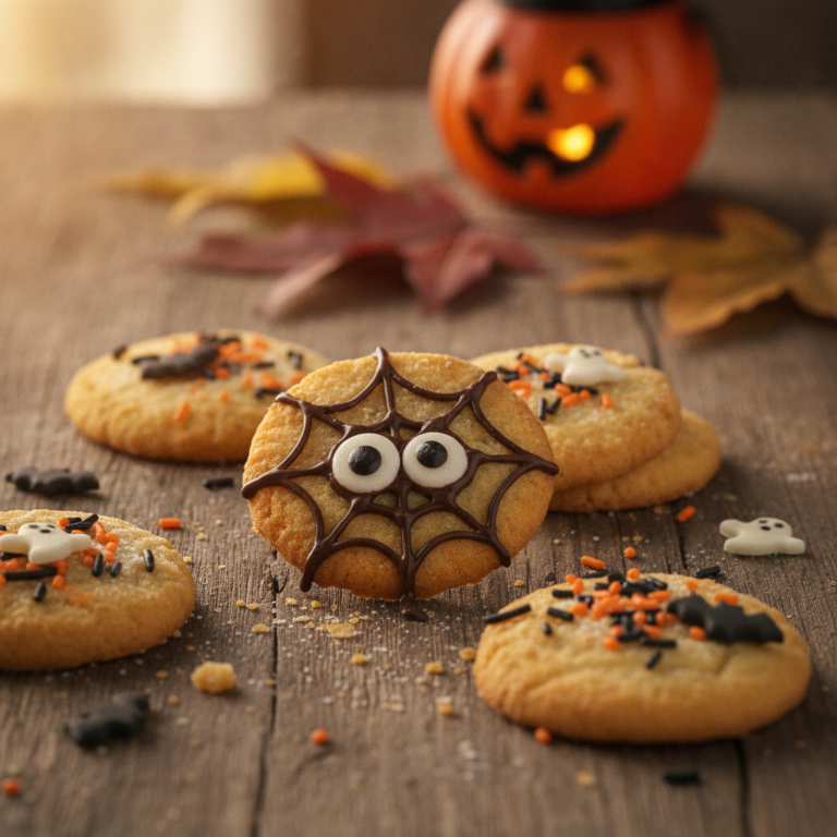 Galletas de Halloween hechas en el microondas decoradas con ojos de azúcar y telarañas de chocolate sobre tabla de madera