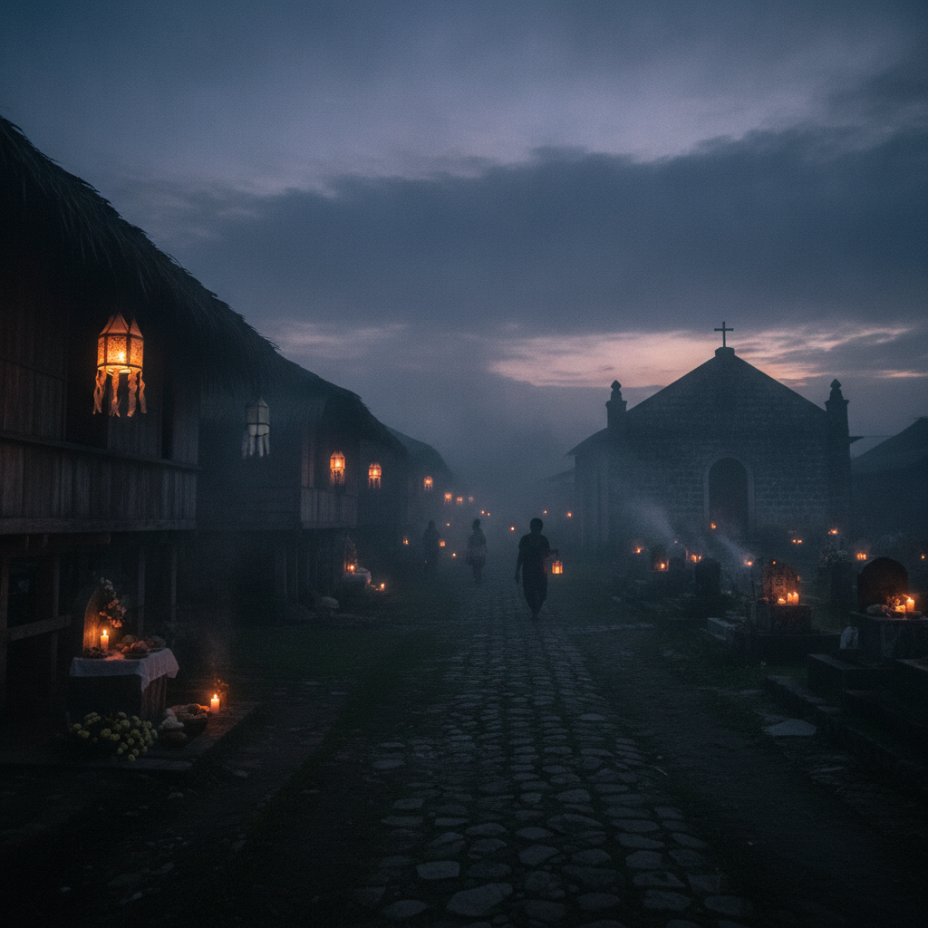 Pueblo filipino tradicional bajo la niebla nocturna durante la víspera de la festividad de Undás