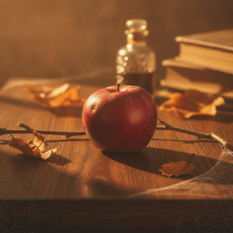 Una manzana roja sobre una mesa de madera en una atmósfera tenebrosa de Halloween