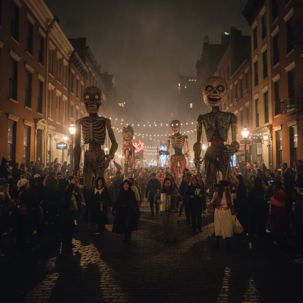 Gigantescas marionetas de cartón piedra marchando en el desfile de Halloween de Greenwich Village en Nueva York