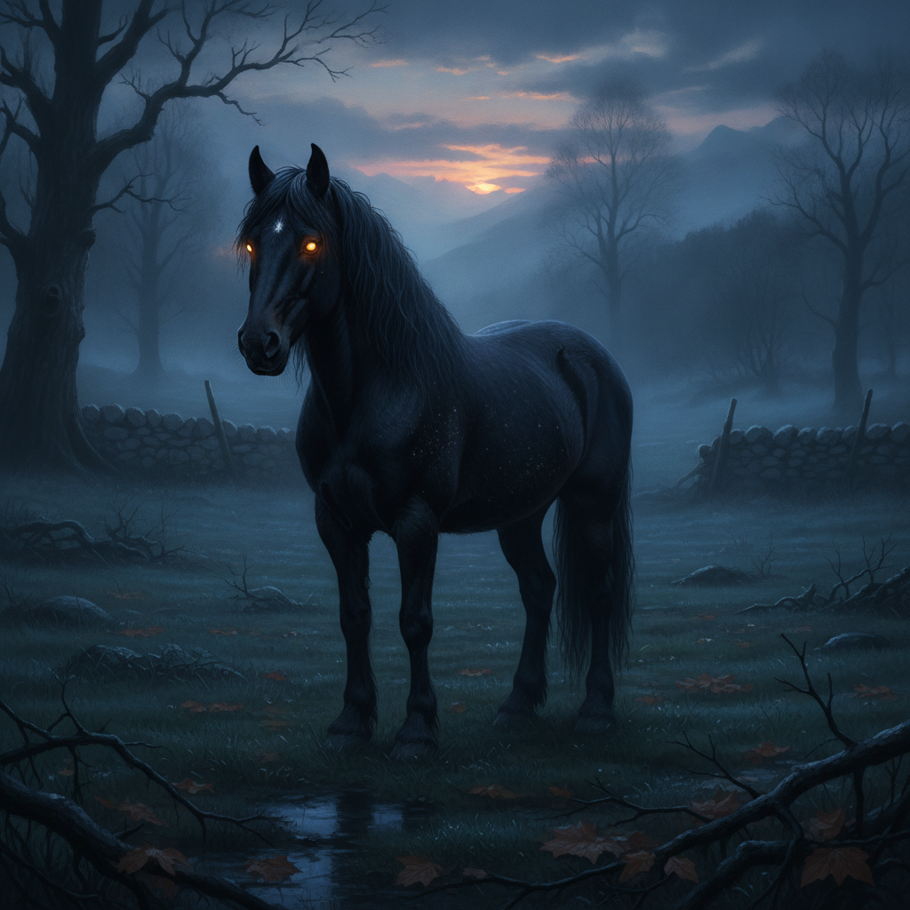 Ilustración del Púca en forma de corcel negro en los campos de Irlanda durante el Samhain celta