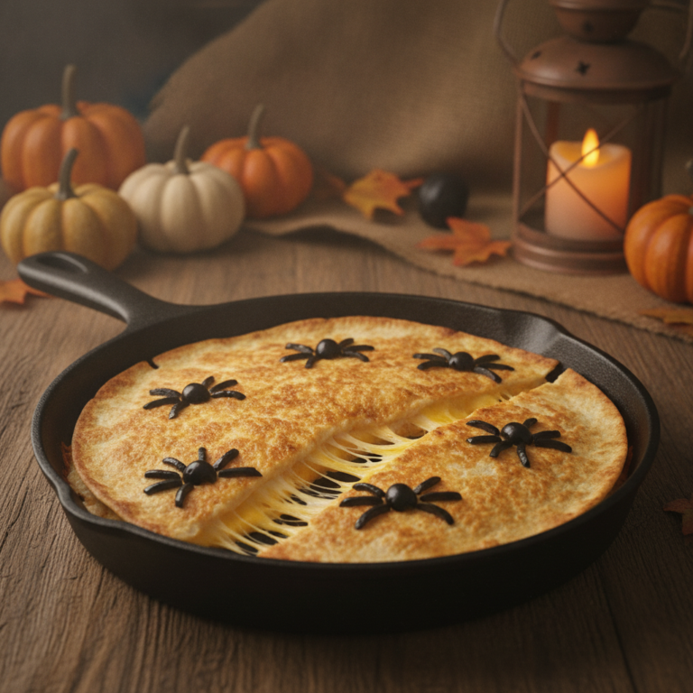 Quesadillas con telaraña de queso derretido y arañas de aceituna en sartén para Halloween