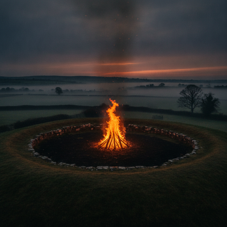 Pira sagrada sobre la colina de Tlachtga durante el ritual celta de Samhain