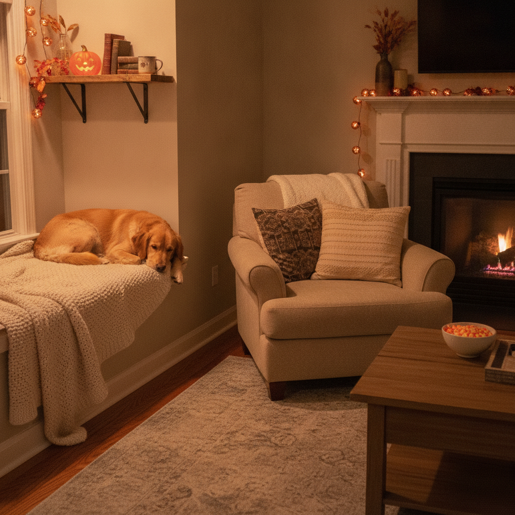 Perro descansando tranquilo en un refugio acondicionado en casa durante la noche de Halloween