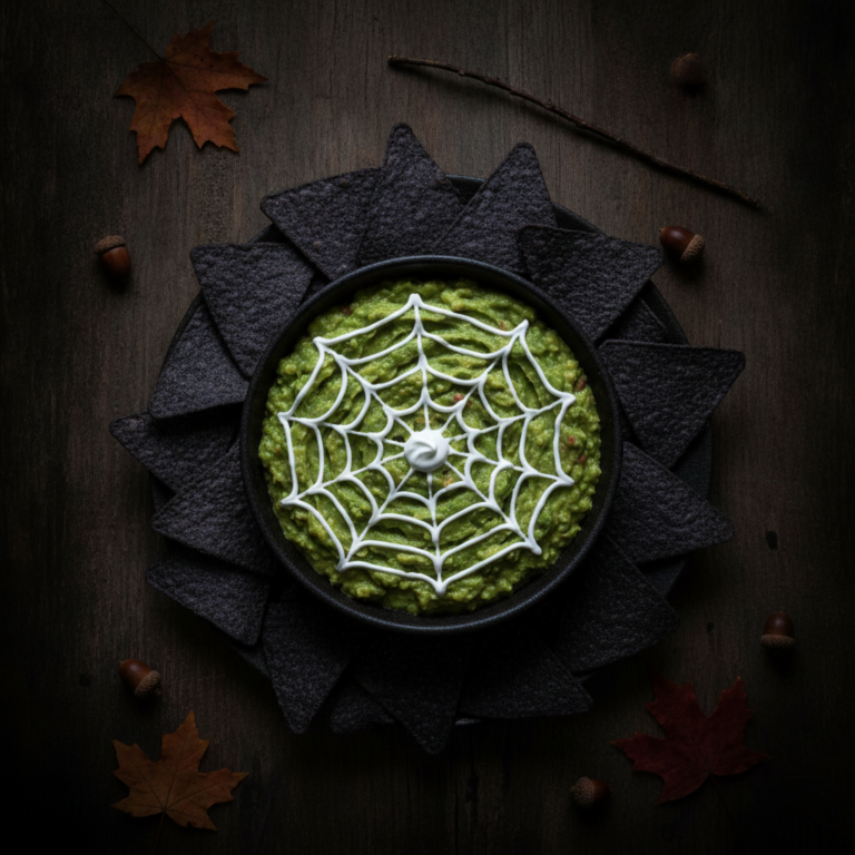 Dip de guacamole verde decorado con una telaraña de crema agria sobre plato oscuro con totopos de maíz