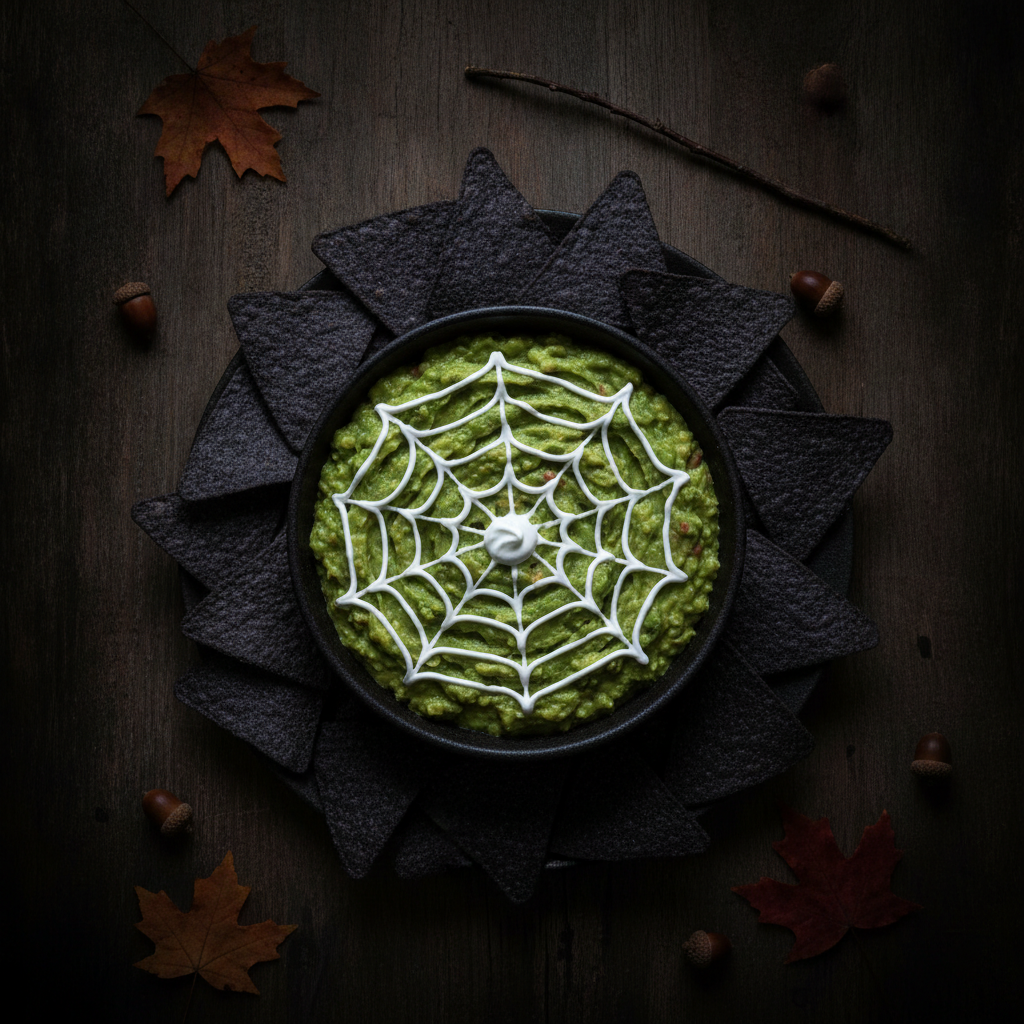 Dip de guacamole verde decorado con una telaraña de crema agria sobre plato oscuro con totopos de maíz